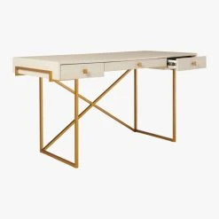 Avalon 3-Drawer Gold Desk With Ivory Shagreen Top -Cb2 Pop Shop AvalonIvoryFauxShgrnDesk3QAVS20