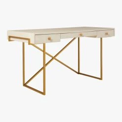 Avalon 3-Drawer Gold Desk With Ivory Shagreen Top -Cb2 Pop Shop AvalonIvoryFauxShgrnDesk3QS20