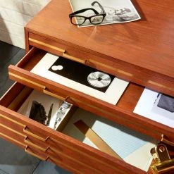 Inline Oak Wood 4-Drawer File Cabinet With Brass Handles -Cb2 Pop Shop FSBrassInlineFileDrawersROF17