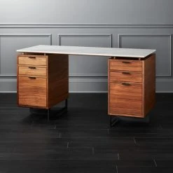 Fullerton 6-Drawer Walnut Wood Desk With White Marble Top