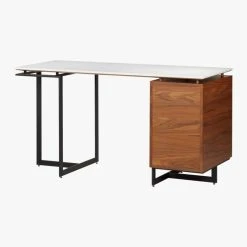 Fullerton 3-Drawer Metal And Walnut Wood Desk With White Marble Top -Cb2 Pop Shop FullertonMdlrDskWDrwrLeg3QBS18