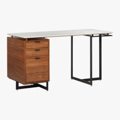 Fullerton 3-Drawer Metal And Walnut Wood Desk With White Marble Top -Cb2 Pop Shop FullertonMdlrDskWDrwrLeg3QFS18