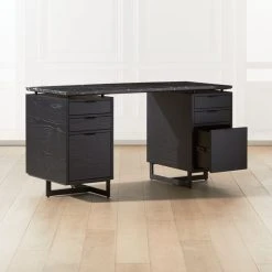 Fullerton 6-Drawer Black Oak Wood Desk With Black Marble Top -Cb2 Pop Shop FullertonModBkDkW2BkDrwAV2SHF20 1x1