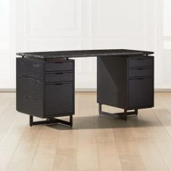 Fullerton 6-Drawer Black Oak Wood Desk With Black Marble Top -Cb2 Pop Shop FullertonModBkDkW2BkDrwAVSHF20 1x1