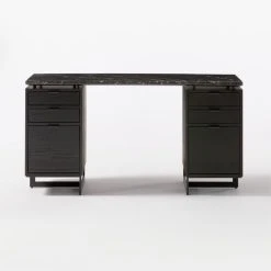 Fullerton 6-Drawer Black Oak Wood Desk With Black Marble Top -Cb2 Pop Shop FullertonModBkDkW2BkDrwSOF20