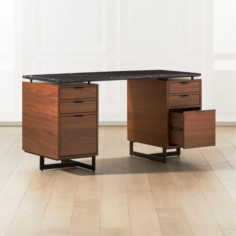Fullerton 6-Drawer Walnut Wood Desk With Black Marble Top 5 Fullerton 6-Drawer Walnut Wood Desk With Black Marble Top - Image 3