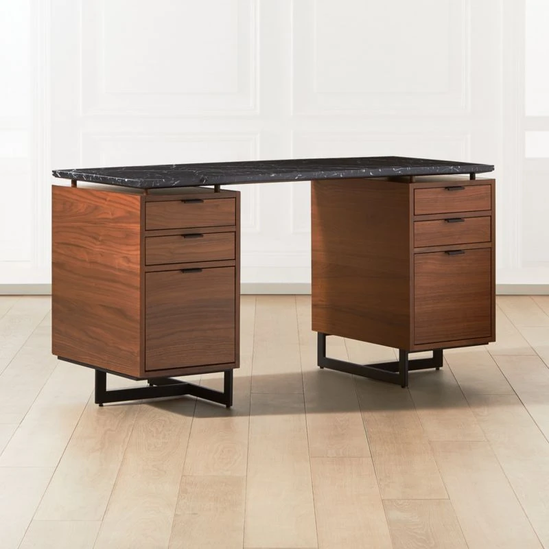 Fullerton 6-Drawer Walnut Wood Desk With Black Marble Top 4 Fullerton 6-Drawer Walnut Wood Desk With Black Marble Top - Image 2