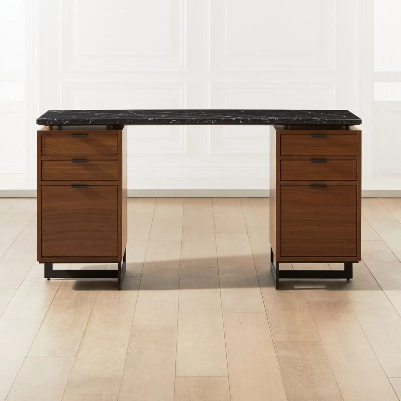 Fullerton 6-Drawer Walnut Wood Desk With Black Marble Top 3 Fullerton 6-Drawer Walnut Wood Desk With Black Marble Top