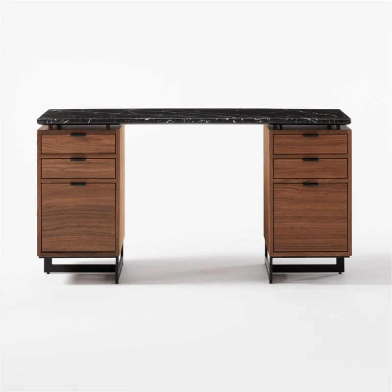 Fullerton 6-Drawer Walnut Wood Desk With Black Marble Top 6 Fullerton 6-Drawer Walnut Wood Desk With Black Marble Top - Image 4