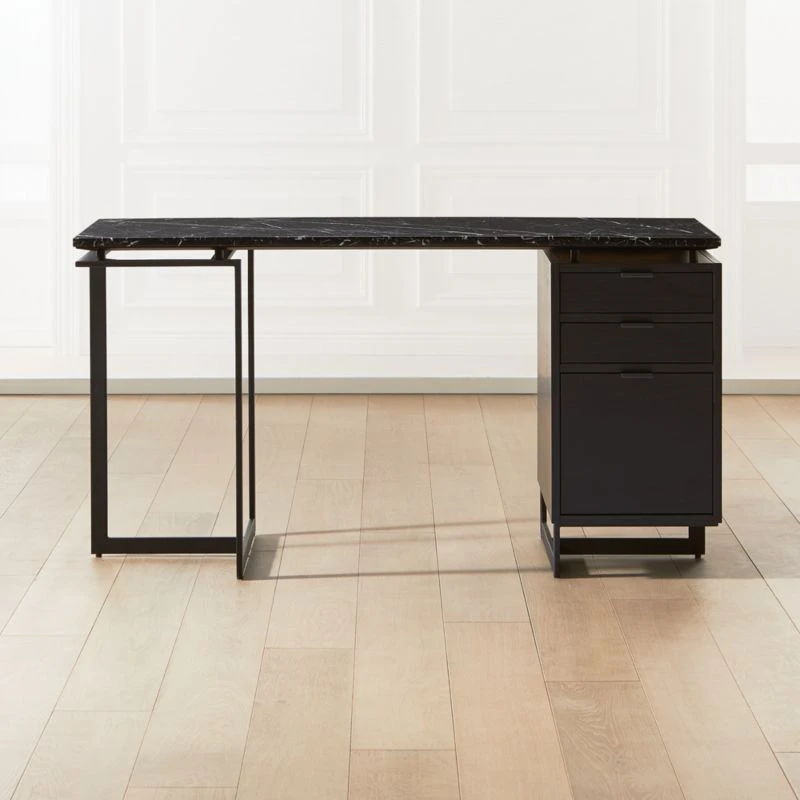 Fullerton 3-Drawer Black Metal And Oak Wood Desk With Black Marble Top 3 Fullerton 3-Drawer Black Metal And Oak Wood Desk With Black Marble Top