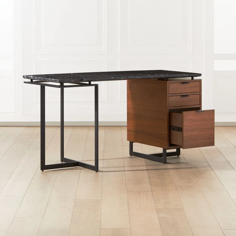Fullerton 3-Drawer Metal And Walnut Wood Desk With Black Marble Top 5 Fullerton 3-Drawer Metal And Walnut Wood Desk With Black Marble Top - Image 3