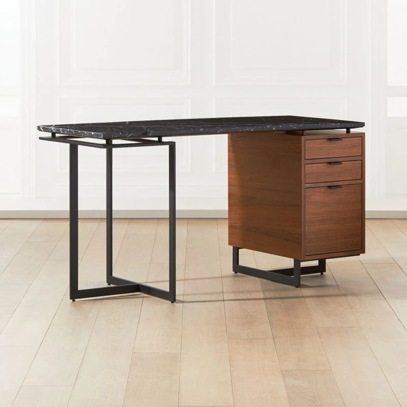 Fullerton 3-Drawer Metal And Walnut Wood Desk With Black Marble Top 4 Fullerton 3-Drawer Metal And Walnut Wood Desk With Black Marble Top - Image 2