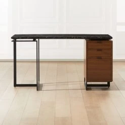 Fullerton 3-Drawer Metal And Walnut Wood Desk With Black Marble Top
