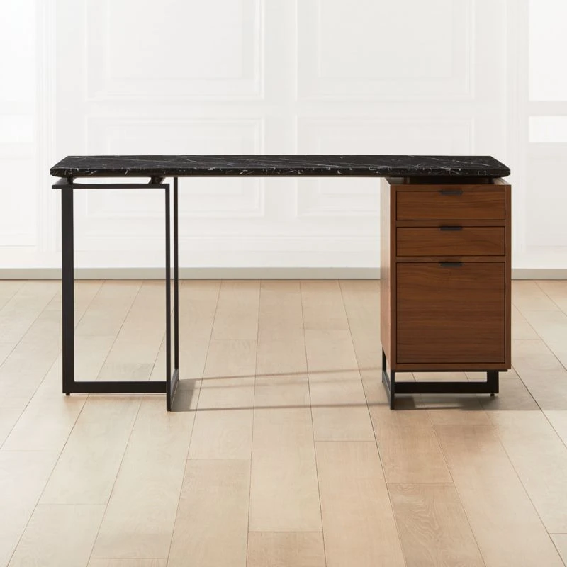 Fullerton 3-Drawer Metal And Walnut Wood Desk With Black Marble Top 3 Fullerton 3-Drawer Metal And Walnut Wood Desk With Black Marble Top