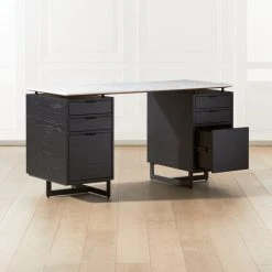 Fullerton 6-Drawer Black Oak Wood Desk With White Marble Top -Cb2 Pop Shop FullertonModWtDkW2BkDrwAV2SHF20 1x1