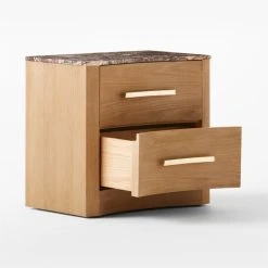 Kingsbury 2-Drawer Curved Oak Wood Nightstand With Marble Top -Cb2 Pop Shop KingsburyCrvdMrblNghtstnd3QAVSSF22