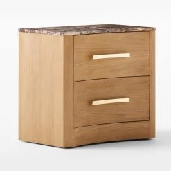 Kingsbury 2-Drawer Curved Oak Wood Nightstand With Marble Top -Cb2 Pop Shop KingsburyCrvdMrblNghtstnd3QSSF22