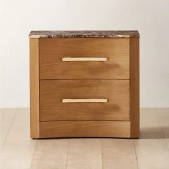 Kingsbury 2-Drawer Curved Oak Wood Nightstand With Marble Top