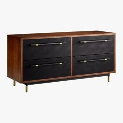 Oberlin 4-Drawer Black Leather And Wood Dresser -Cb2 Pop Shop OberlinLowDresser3QFS18