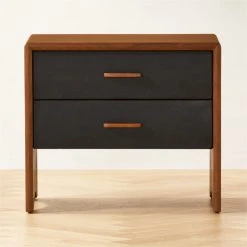 Ralston 2-Drawer Black Leather And Walnut Wood Nightstand